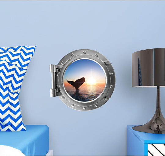 PortScape Whale Tail At Sunset | Ocean Porthole Window Wall Decal