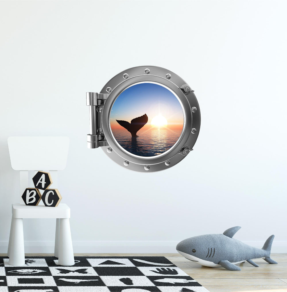 PortScape Whale Tail At Sunset | Ocean Porthole Window Wall Decal