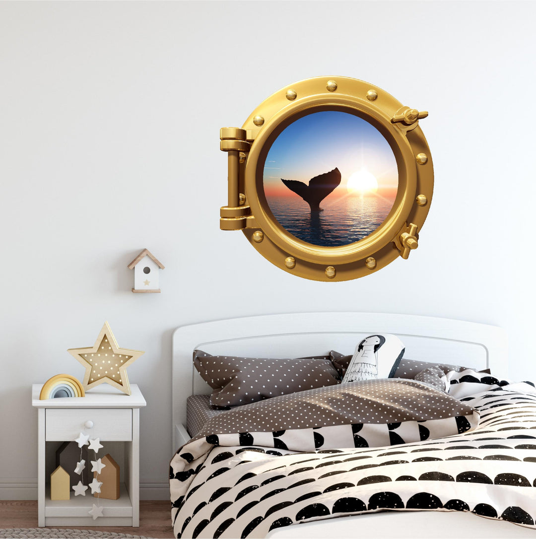 PortScape Whale Tail At Sunset | Ocean Porthole Window Wall Decal