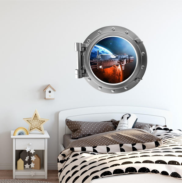PortScape Spaceship Orbiting Planet 2 | Space Porthole Window Wall Decal