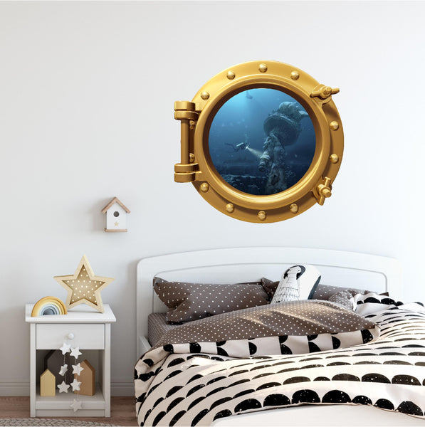 Port Scape Sunken Statue of Liberty Porthole Window Wall Decal Graphic Sticker Vinyl Mural Instant Sea View Ocean Fantasy Kids Room Decor