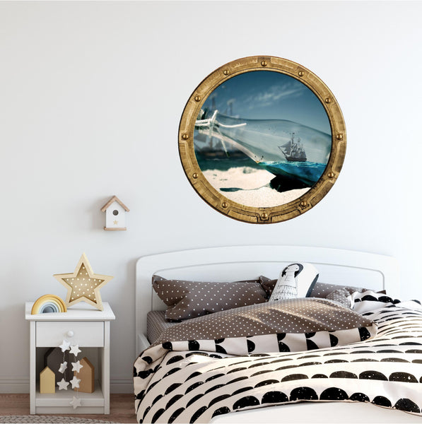 PortScape Pirate Ship In A Bottle | Ocean Porthole Window Wall Decal