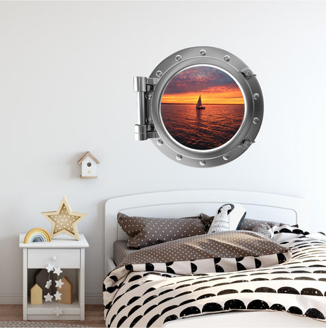PortScape Sail Boat 3 Sunset | Ocean Porthole Window Wall Decal