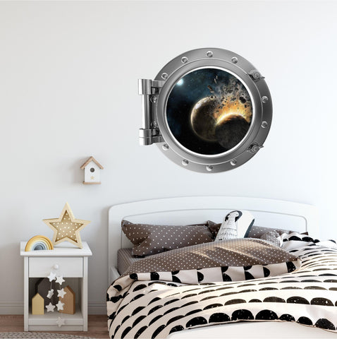 PortScape Colliding Planets | Space Porthole Window Wall Decal