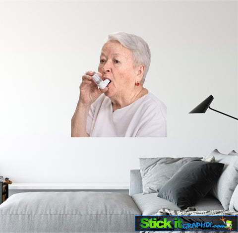 Old Lady With Asthma Inhaler Wall Decal Removable Fabric Vinyl Peel & Stick Wall Sticker
