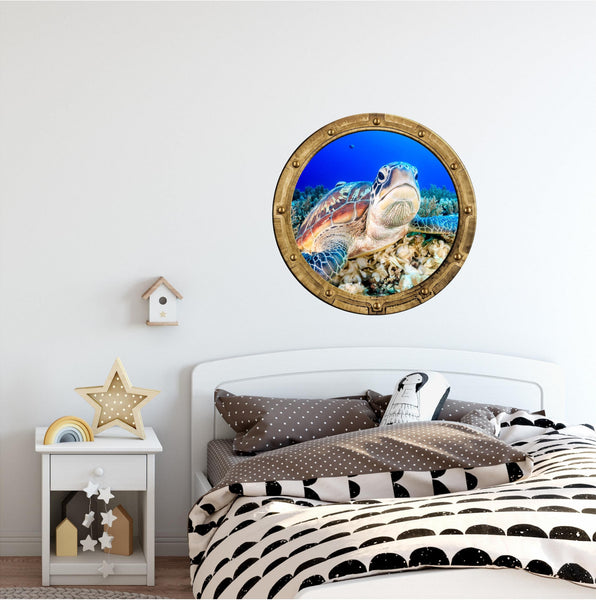 PortScape Grumpy Sea Turtle | Ocean Porthole Window Wall Decal