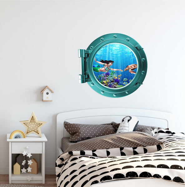 AQUA PortScape Mermaid & Sea Turtle | Ocean Porthole Window Wall Decal