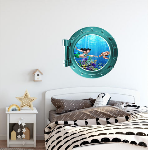 AQUA PortScape Mermaid & Sea Turtle | Ocean Porthole Window Wall Decal