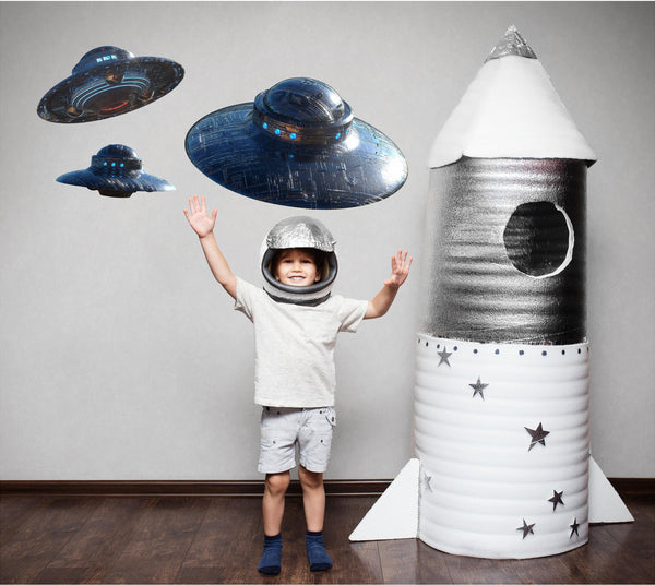 Alien Spaceship Wall Decal Set Removable Wall Sticker Spacecraft Outer Space UFO Wall Art for Boys Bedroom Decor - 3 Piece Set