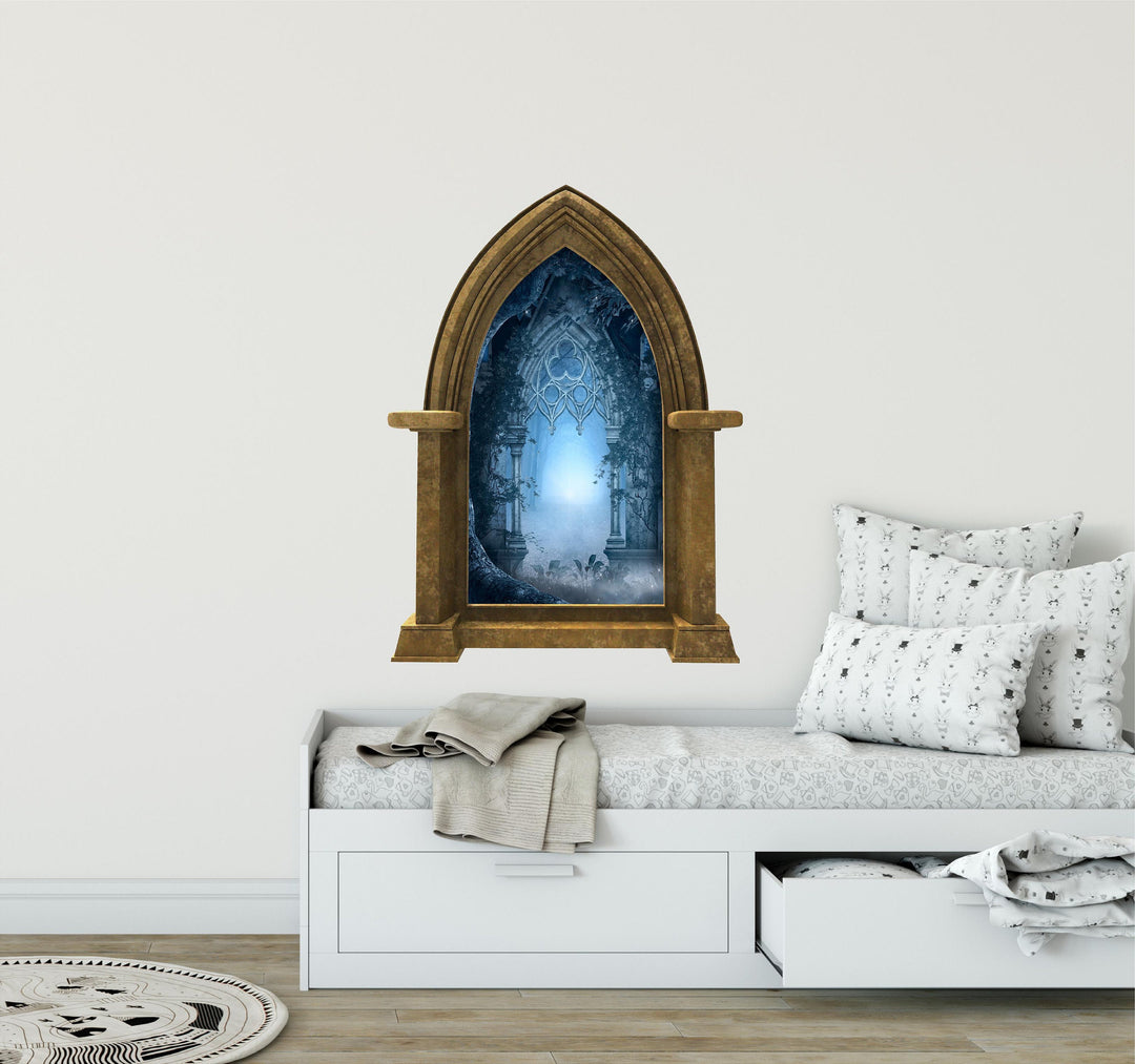 CastleScape Blue Fantasy Forest Path | Castle Window Wall Decal