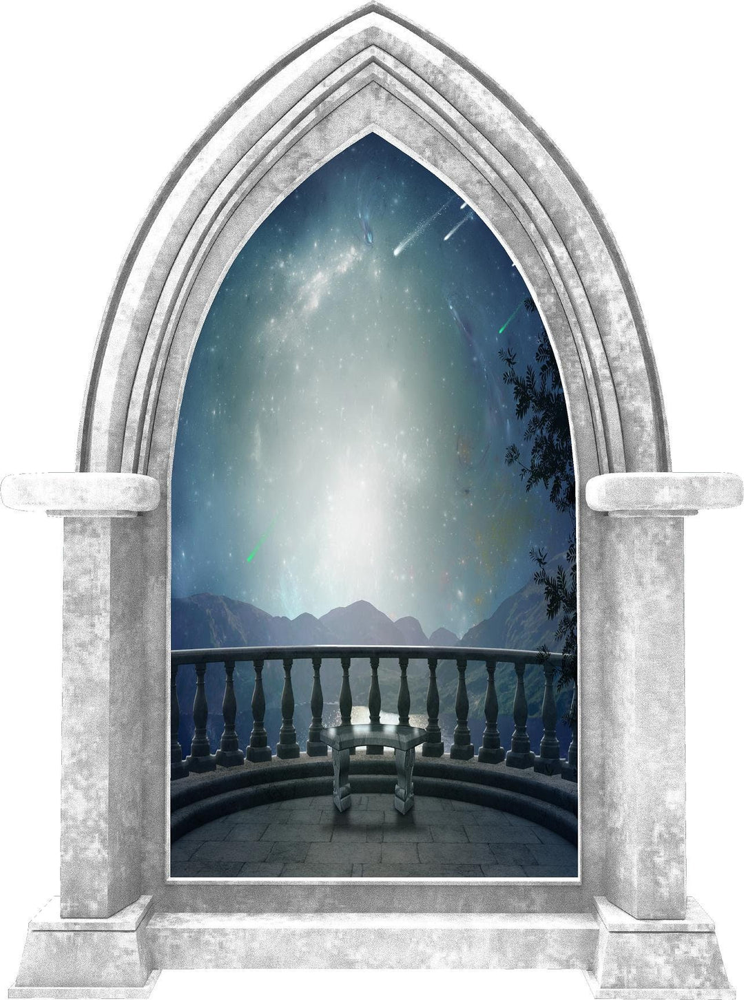Castle Scape Balcony Mountain View 3D Window Wall Decal Medieval Fantasy Landscape Removable Fabric Vinyl Wall Sticker Boys Room Decor