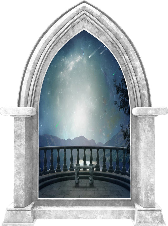 Castle Scape Balcony Mountain View 3D Window Wall Decal Medieval Fantasy Landscape Removable Fabric Vinyl Wall Sticker Boys Room Decor