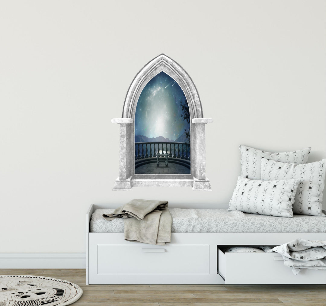 Castle Scape Balcony Mountain View 3D Window Wall Decal Medieval Fantasy Landscape Removable Fabric Vinyl Wall Sticker Boys Room Decor