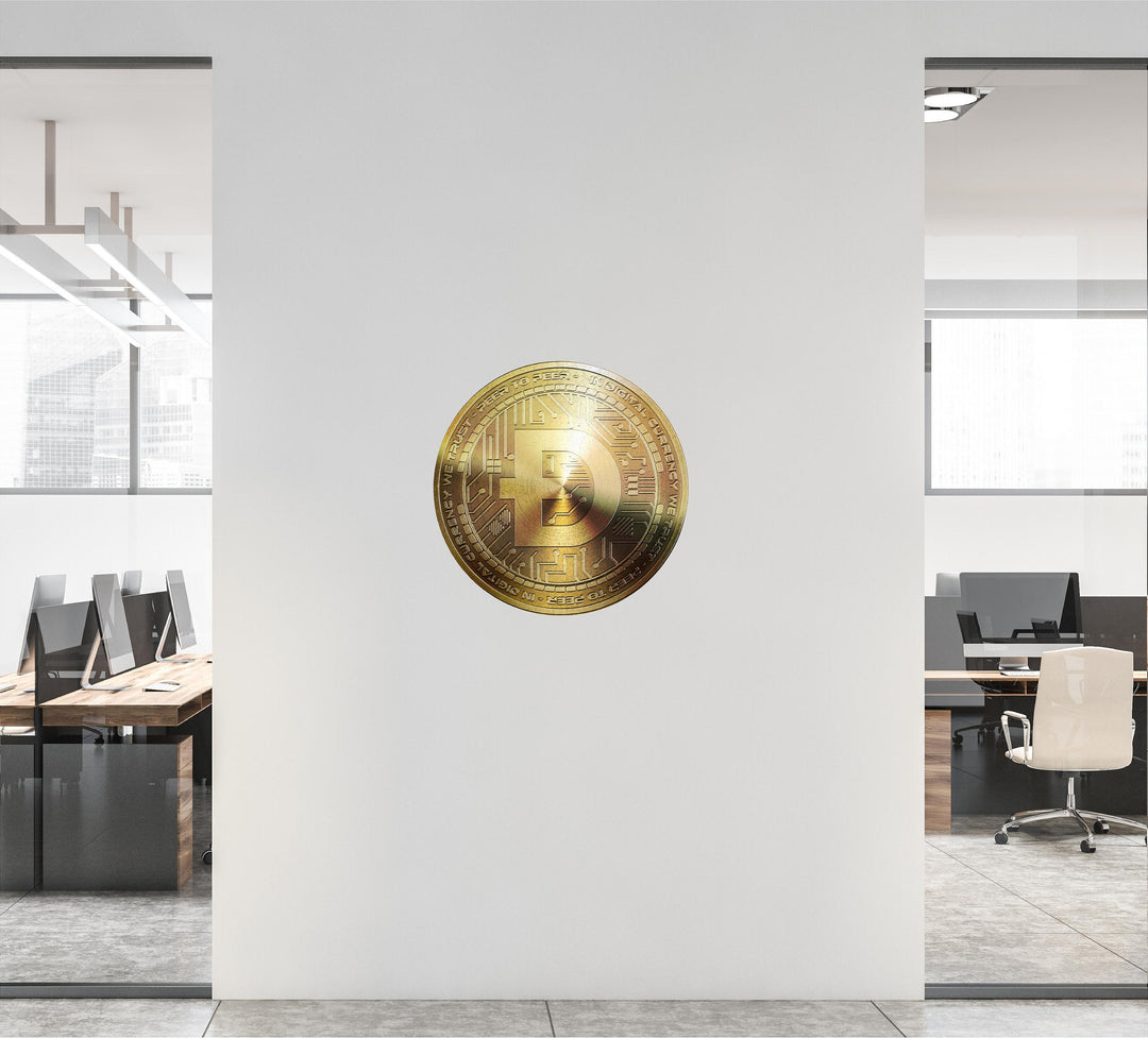 DOGECOIN Wall Decal, Gold Dogecoin Wall Sticker, Cryptocurrency Crypto Doge Meme Bitcoin Money Logo for Office Room Decor