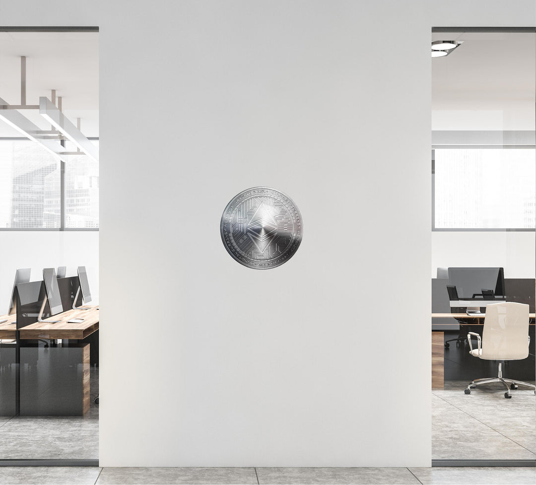 ETHEREUM Wall Decal, Silver Ethereum Wall Sticker, Cryptocurrency Crypto Blockchain Bitcoin Money Logo Stock Coinbase for Office Room Decor