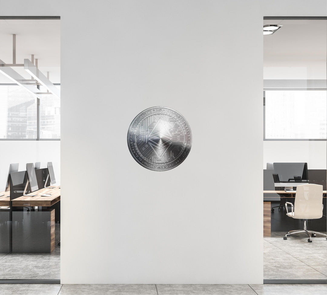 ETHEREUM Wall Decal, Silver Ethereum Wall Sticker, Cryptocurrency Crypto Blockchain Bitcoin Money Logo Stock Coinbase for Office Room Decor