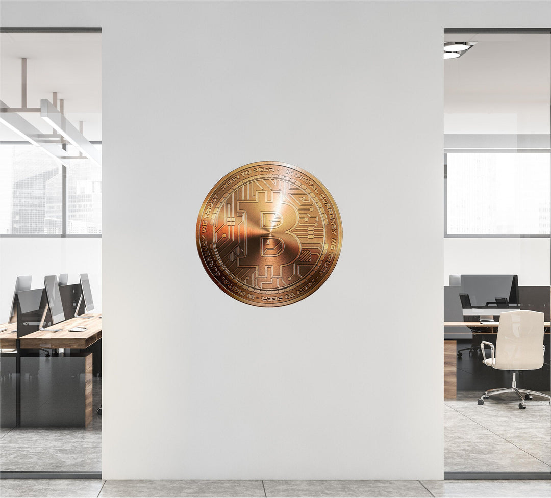 BITCOIN Wall Decal, Bronze Bitcoin Removable Vinyl Wall Sticker, Cryptocurrency Crypto Bitcoin Money Logo for Office Room Decor