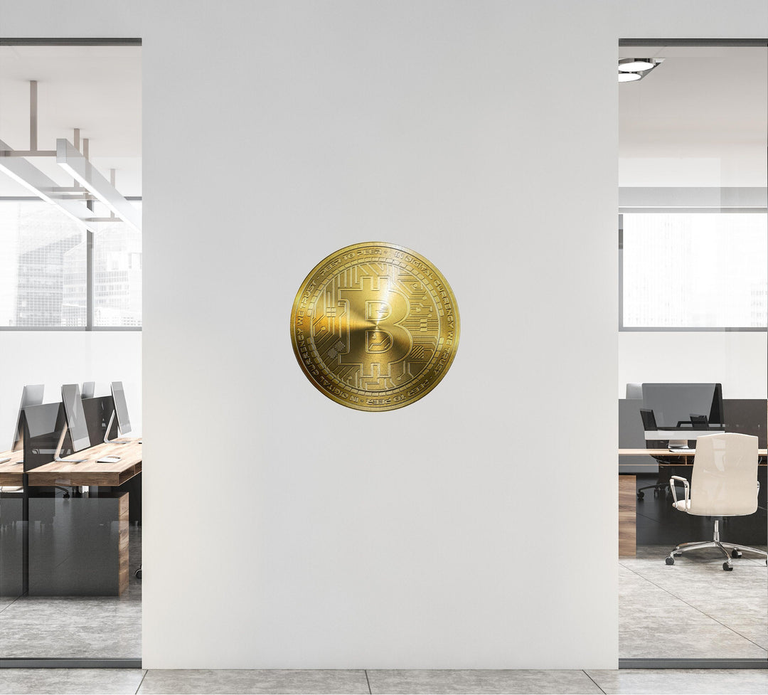 BITCOIN Wall Decal, Gold Bitcoin Removable Vinyl Wall Sticker, Cryptocurrency Crypto Bitcoin Money Logo for Office Room Decor