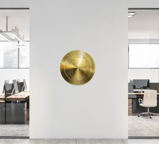 BITCOIN Wall Decal, Gold Bitcoin Removable Vinyl Wall Sticker, Cryptocurrency Crypto Bitcoin Money Logo for Office Room Decor