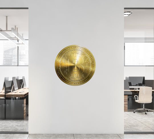 BITCOIN Wall Decal, Gold Bitcoin Removable Vinyl Wall Sticker, Cryptocurrency Crypto Bitcoin Money Logo for Office Room Decor