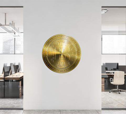 BITCOIN Wall Decal, Gold Bitcoin Removable Vinyl Wall Sticker, Cryptocurrency Crypto Bitcoin Money Logo for Office Room Decor