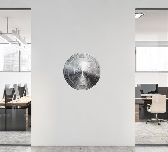 ETHEREUM Wall Decal, Silver Ethereum Wall Sticker, Cryptocurrency Crypto Blockchain Bitcoin Money Logo Stock Coinbase for Office Room Decor