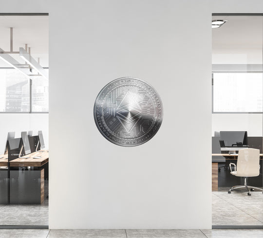 ETHEREUM Wall Decal, Silver Ethereum Wall Sticker, Cryptocurrency Crypto Blockchain Bitcoin Money Logo Stock Coinbase for Office Room Decor