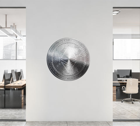 ETHEREUM Wall Decal, Silver Ethereum Wall Sticker, Cryptocurrency Crypto Blockchain Bitcoin Money Logo Stock Coinbase for Office Room Decor