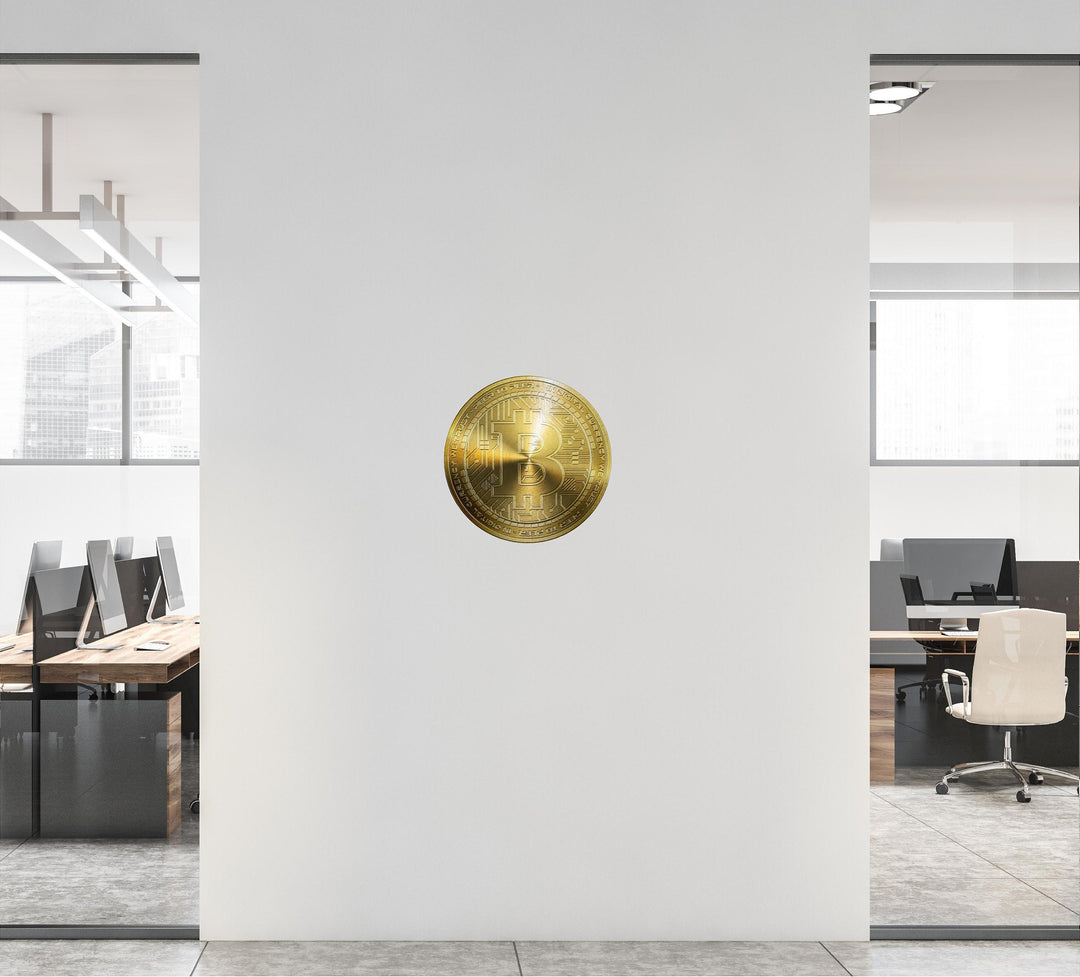 BITCOIN Wall Decal, Gold Bitcoin Removable Vinyl Wall Sticker, Cryptocurrency Crypto Bitcoin Money Logo for Office Room Decor