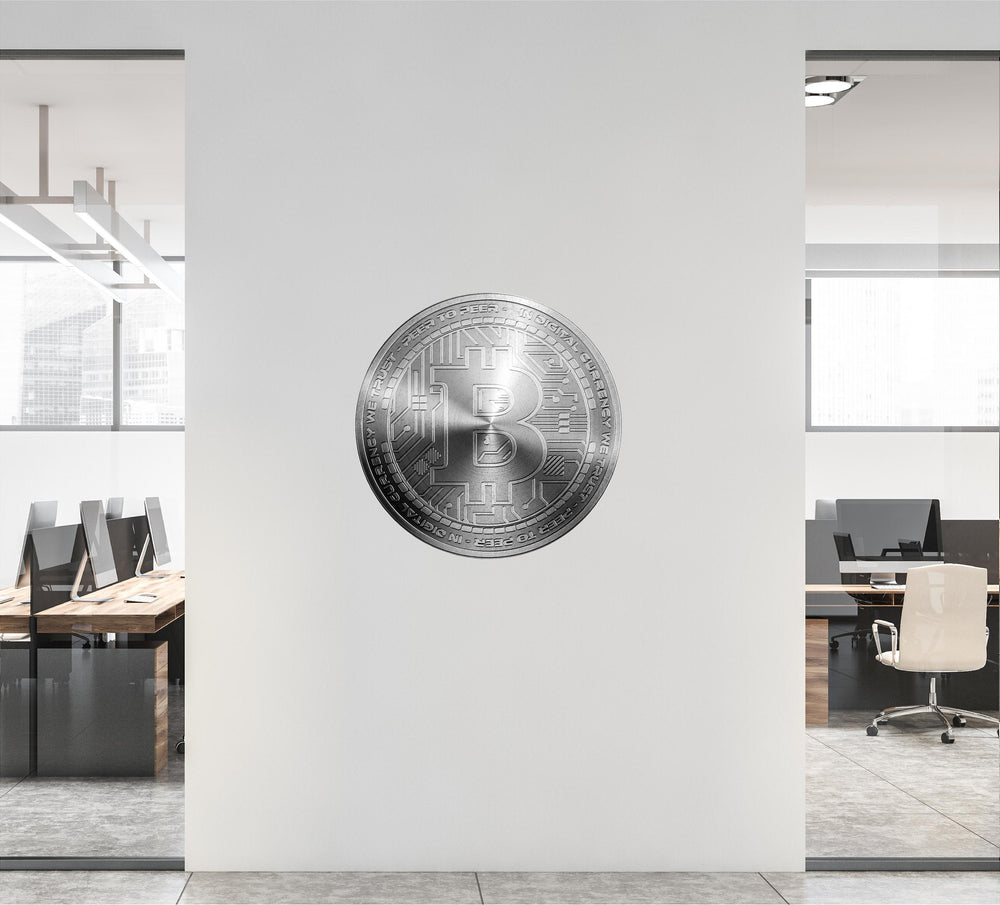 BITCOIN Wall Decal, Silver Bitcoin Removable Vinyl Wall Sticker, Cryptocurrency Crypto Bitcoin Money Logo for Office Room Decor