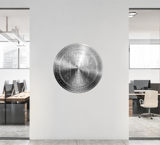 BITCOIN Wall Decal, Silver Bitcoin Removable Vinyl Wall Sticker, Cryptocurrency Crypto Bitcoin Money Logo for Office Room Decor