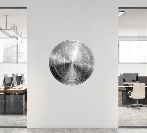 BITCOIN Wall Decal, Silver Bitcoin Removable Vinyl Wall Sticker, Cryptocurrency Crypto Bitcoin Money Logo for Office Room Decor