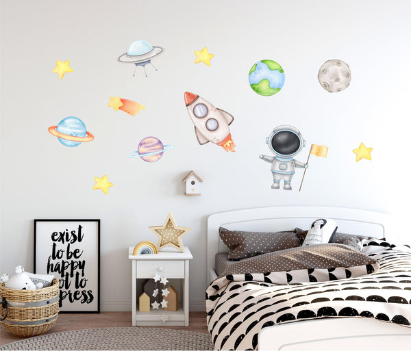 Watercolor Astronaut Space Wall Decal Set of 12
