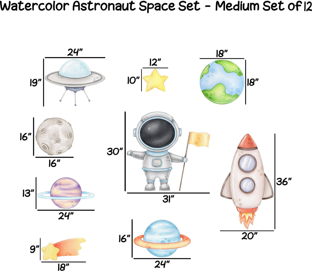 Watercolor Astronaut Space Wall Decal Set of 12
