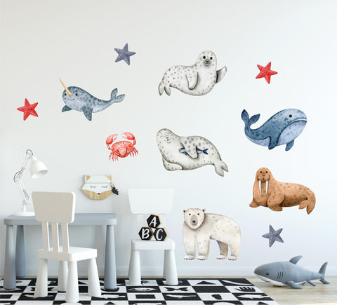 Watercolor Arctic Sea Animals Wall Decal Set of 11