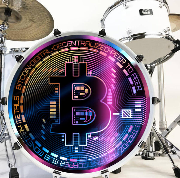 Decal Drumhead Decal Cover NeoPop Bitcoin Emblem Technicolor Crypto Peel & Stick Fabric Vinyl Bass Drum Sticker Graphic - 22" x 22"