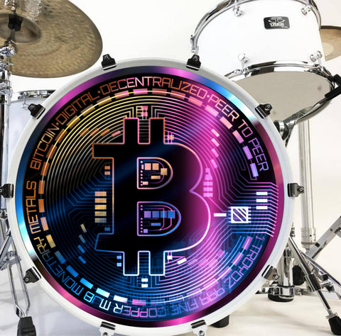 Decal Drumhead Decal Cover NeoPop Bitcoin Emblem Technicolor Crypto Peel & Stick Fabric Vinyl Bass Drum Sticker Graphic - 22" x 22"