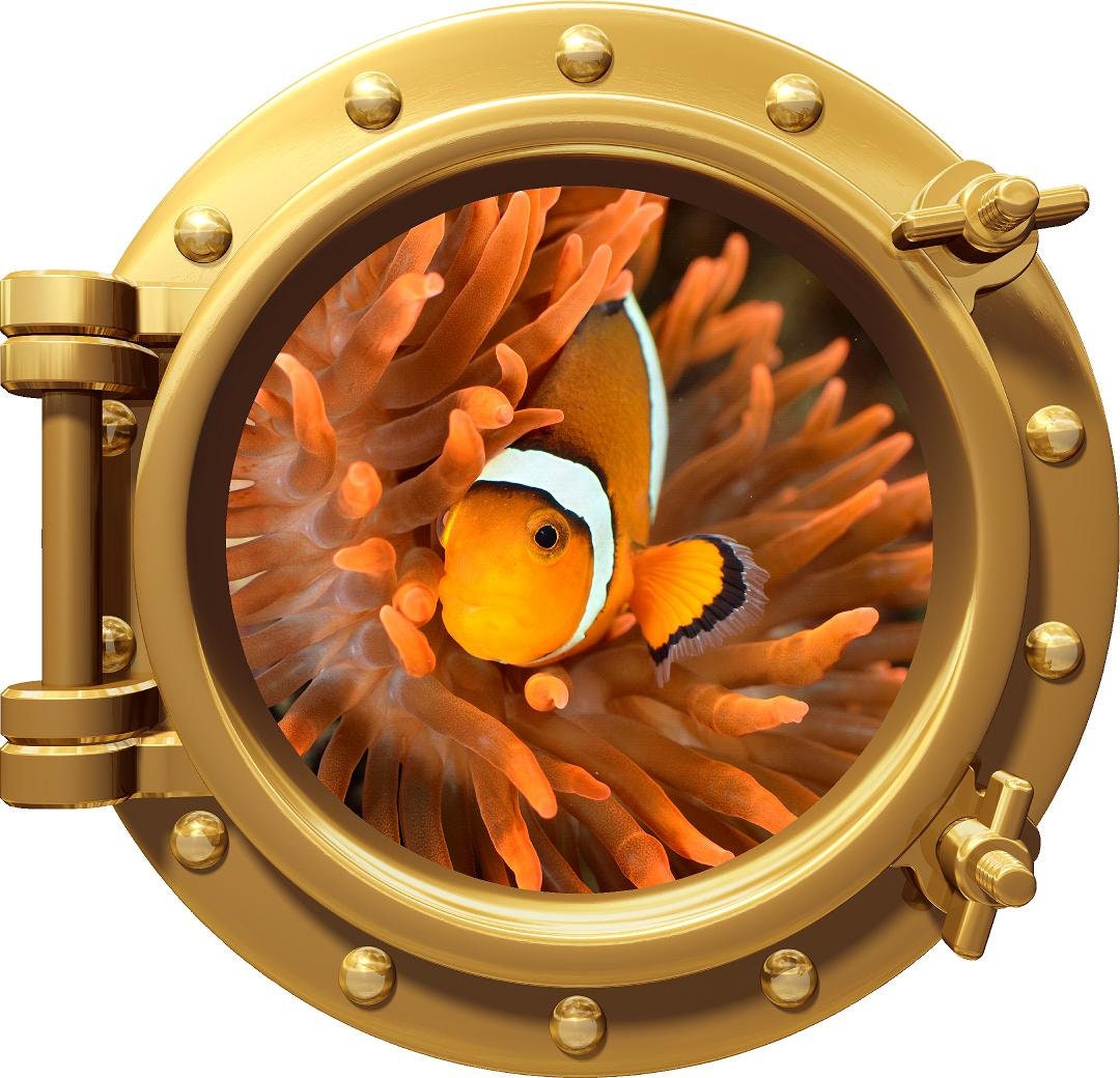 PortScape Clownfish In Orange Anemone | Ocean Porthole Window Wall Decal