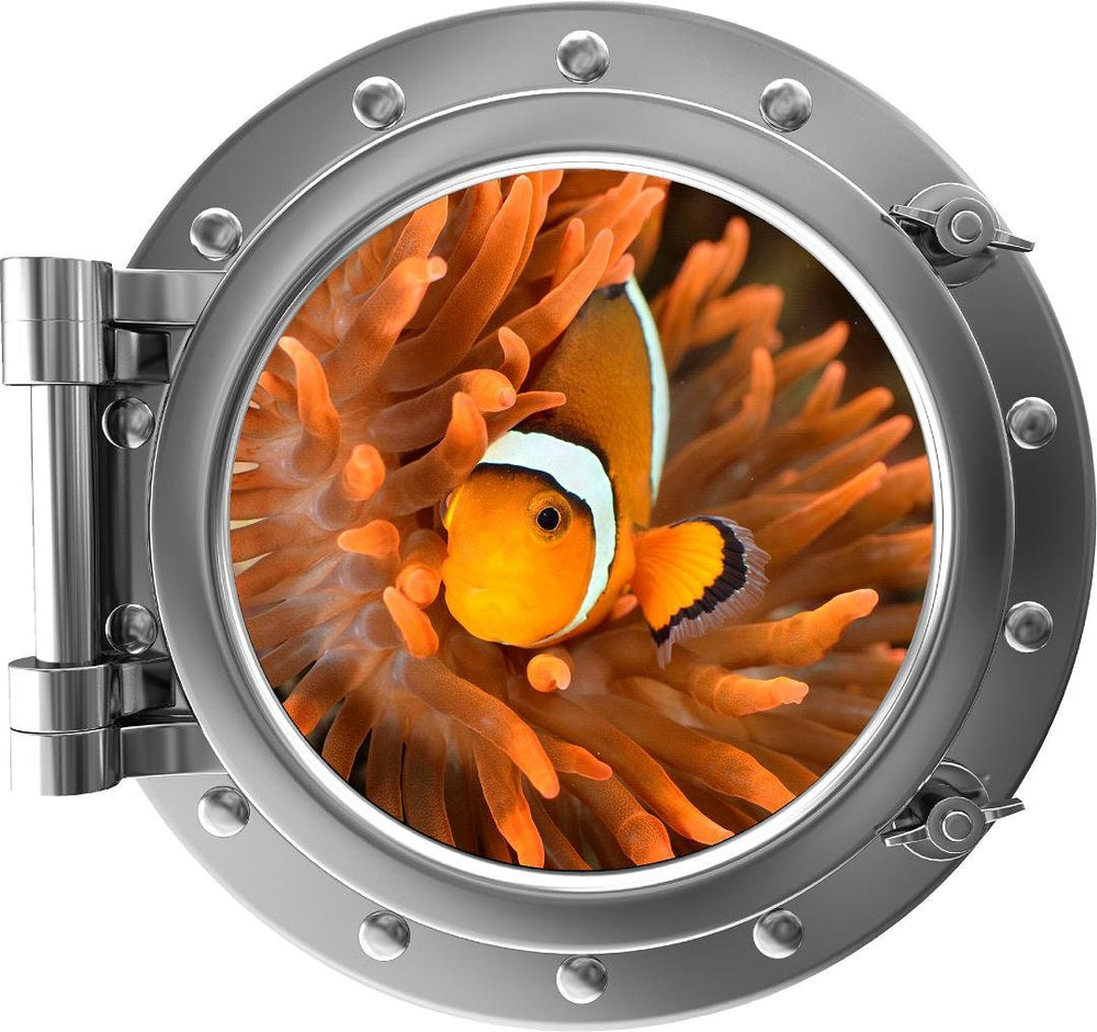 PortScape Clownfish In Orange Anemone | Ocean Porthole Window Wall Decal
