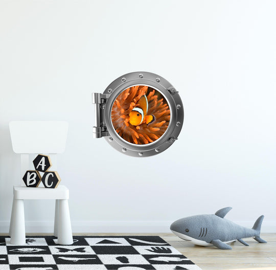 PortScape Clownfish In Orange Anemone | Ocean Porthole Window Wall Decal