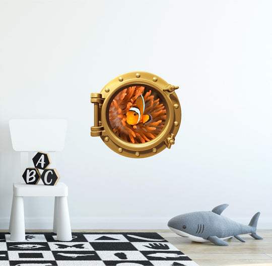 PortScape Clownfish In Orange Anemone | Ocean Porthole Window Wall Decal