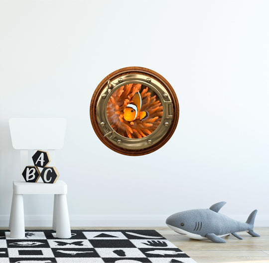 PortScape Clownfish In Orange Anemone | Ocean Porthole Window Wall Decal