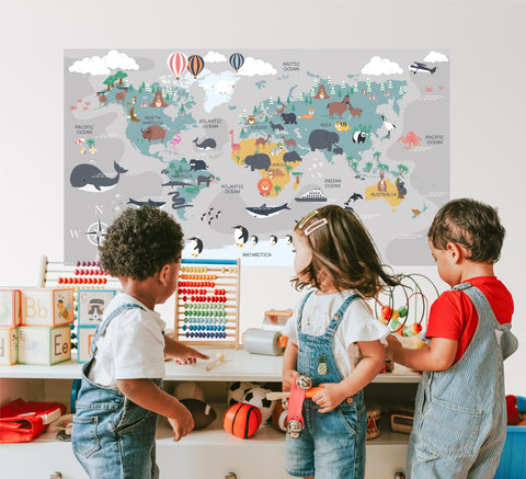 Children's Animal WORLD MAP #2 Wall Decal Wall Art Removable Peel & Stick Wall Sticker for Kids Playroom Bedroom Nursery Decor