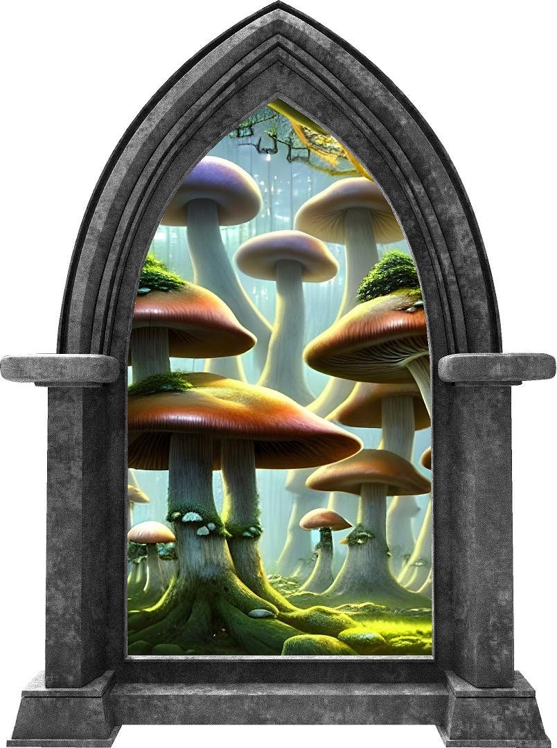 Mushroom Forest #1 Castle Window Wall Decal, Fairy Tale Wall Art, Enchanted Forest Wall Art, Mushroom Wonderland, Peel and Stick