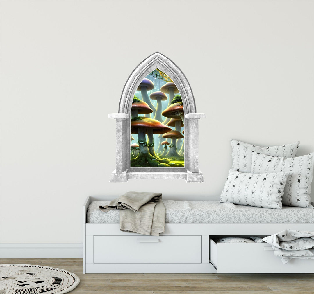 Mushroom Forest #1 Castle Window Wall Decal, Fairy Tale Wall Art, Enchanted Forest Wall Art, Mushroom Wonderland, Peel and Stick