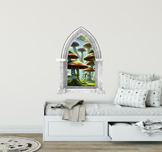 Mushroom Forest #1 Castle Window Wall Decal, Fairy Tale Wall Art, Enchanted Forest Wall Art, Mushroom Wonderland, Peel and Stick