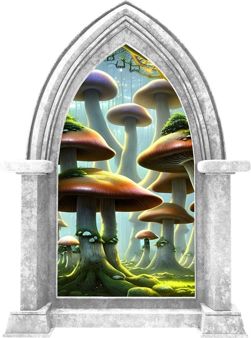 Mushroom Forest #1 Castle Window Wall Decal, Fairy Tale Wall Art, Enchanted Forest Wall Art, Mushroom Wonderland, Peel and Stick