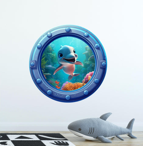 Baby Dolphin | Cartoon Porthole Window Wall Decal