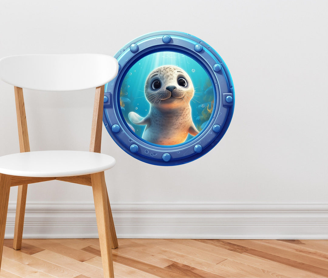 Curious Seal | Cartoon Porthole Window Wall Decal