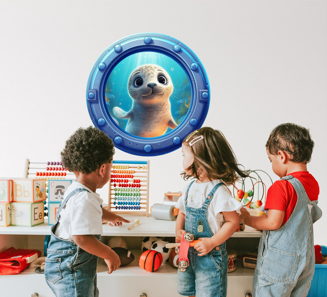 Curious Seal | Cartoon Porthole Window Wall Decal